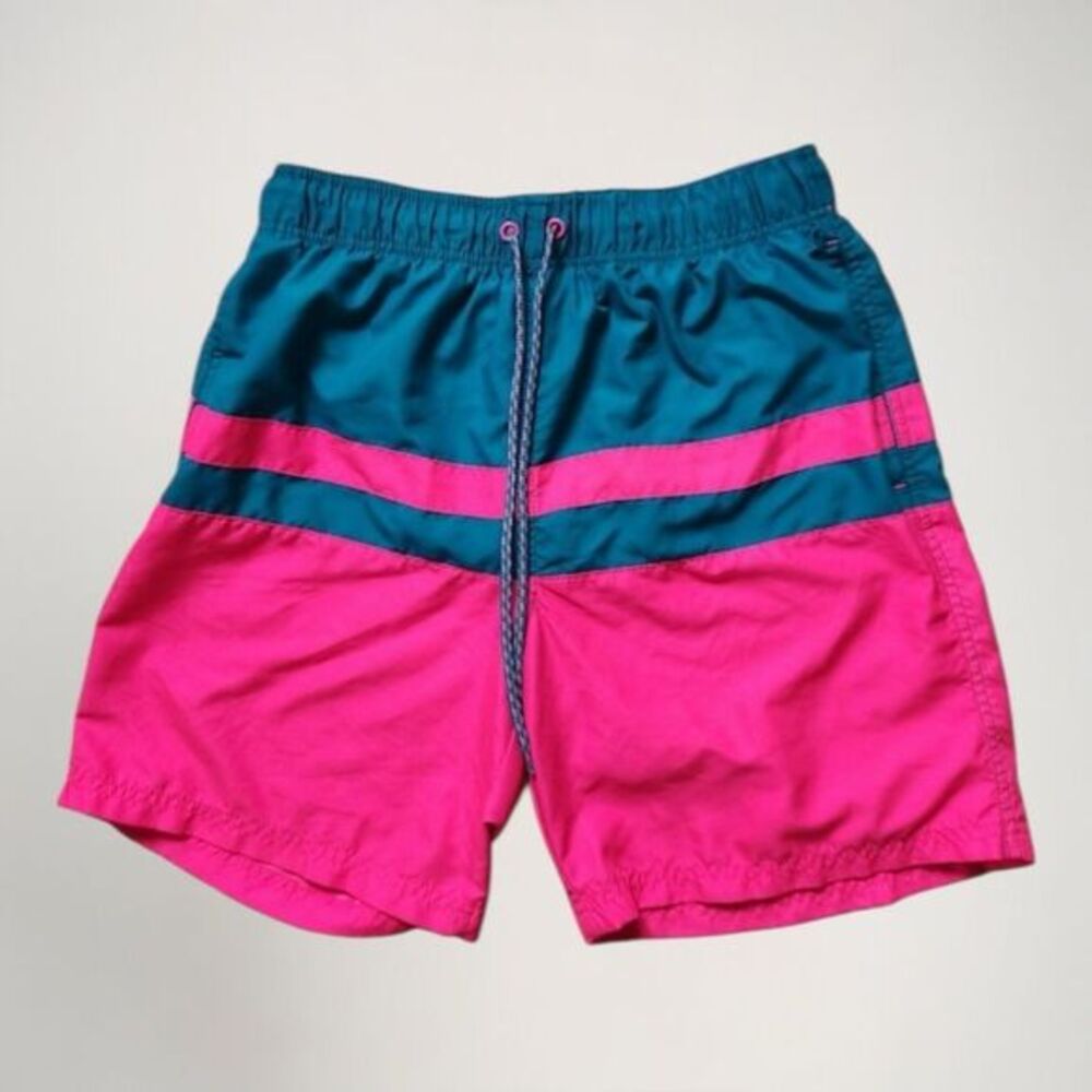 90s Colorblock Swim Shorts George Mens XL Pink Teal‎ Retro Mesh Lined Festival